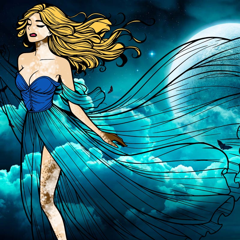 realistic woman in dress flowing the the wind