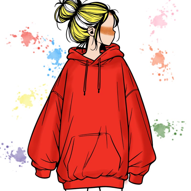 realistic girl with a oversized sweatshirt on and a bun