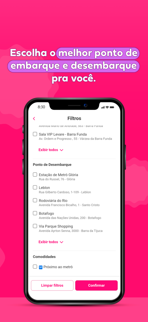 Buser mobile app screen showing options to filter and choose pickup and drop off points
