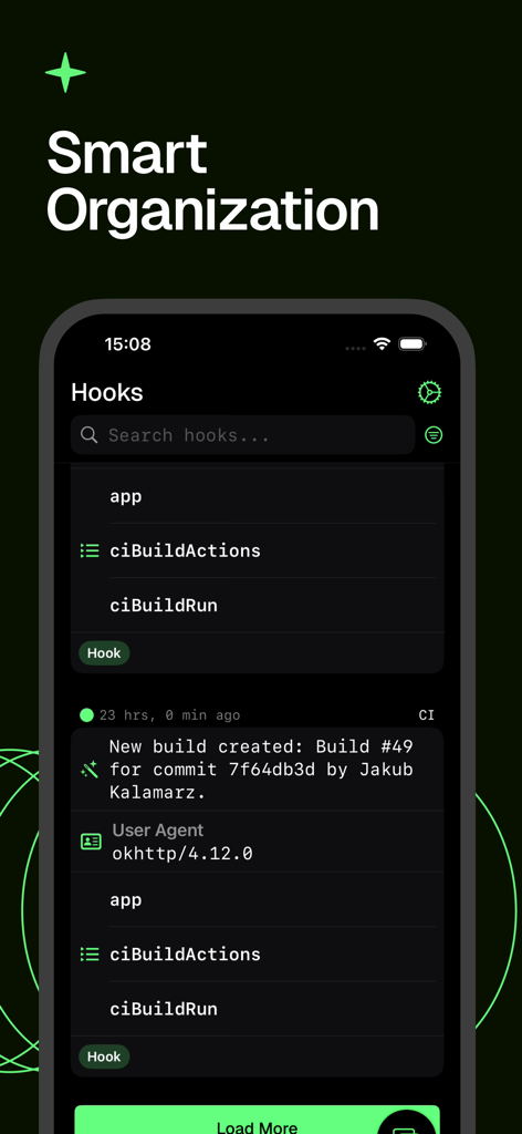 Webhook Notifications - Hook - Hook app dashboard displaying smart organization of webhook notifications and automated build updates.
