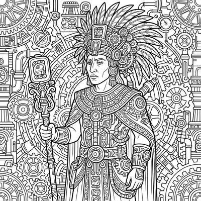 Step into a world where ancient Mayan history meets futuristic Steampunk innovation with this captivating coloring page. Discover the legendary Pakal the Great reimagined amidst intricate gears and classic glyphs, perfect for a creative escape.