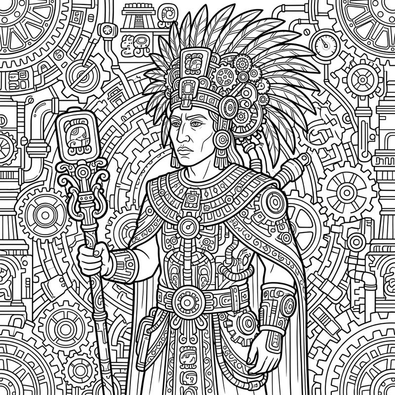 Step into a world where ancient Mayan history meets futuristic Steampunk innovation with this captivating coloring page. Discover the legendary Pakal the Great reimagined amidst intricate gears and classic glyphs, perfect for a creative escape.
