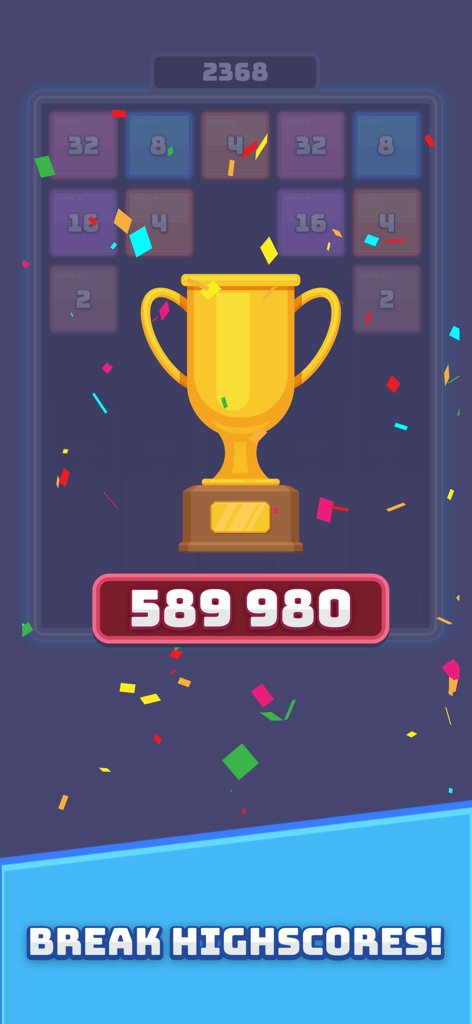 Merge Blast Number - Pantalla de puntuación máxima de Merge Blast Number con un trofeo dorado y confeti.