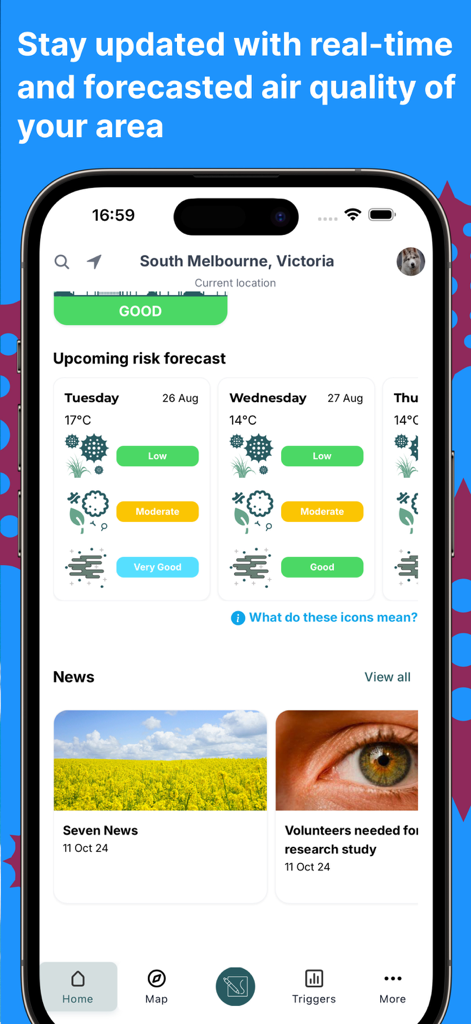 Canberra Pollen Count - Smartphone screen displaying the Canberra Pollen Count app with a multi day allergy risk forecast and current air quality status
