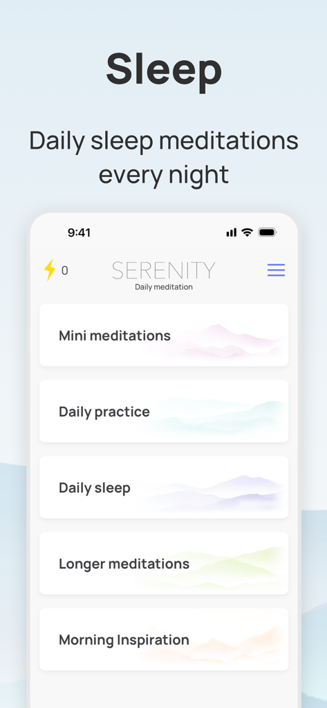 Interfaccia principale dell'app di meditazione Serenity che mostra categorie per il sonno e la pratica quotidiana