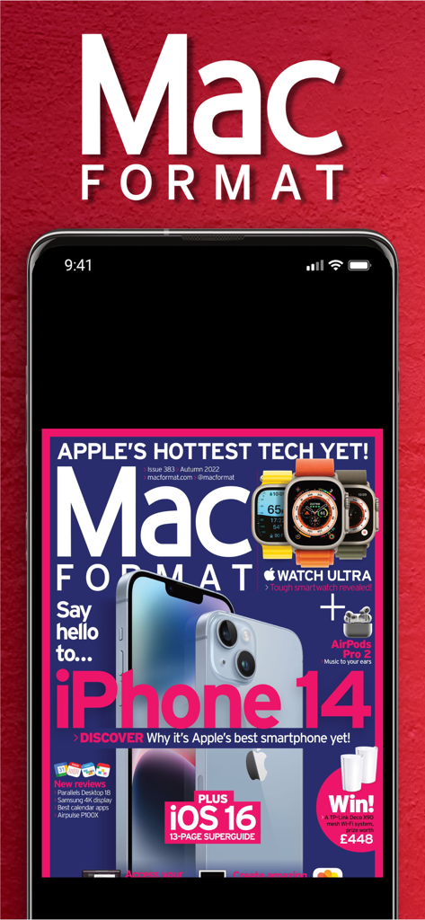 MacFormat - MacFormat digital magazine cover on a smartphone screen showing iPhone 14 and Apple Watch Ultra