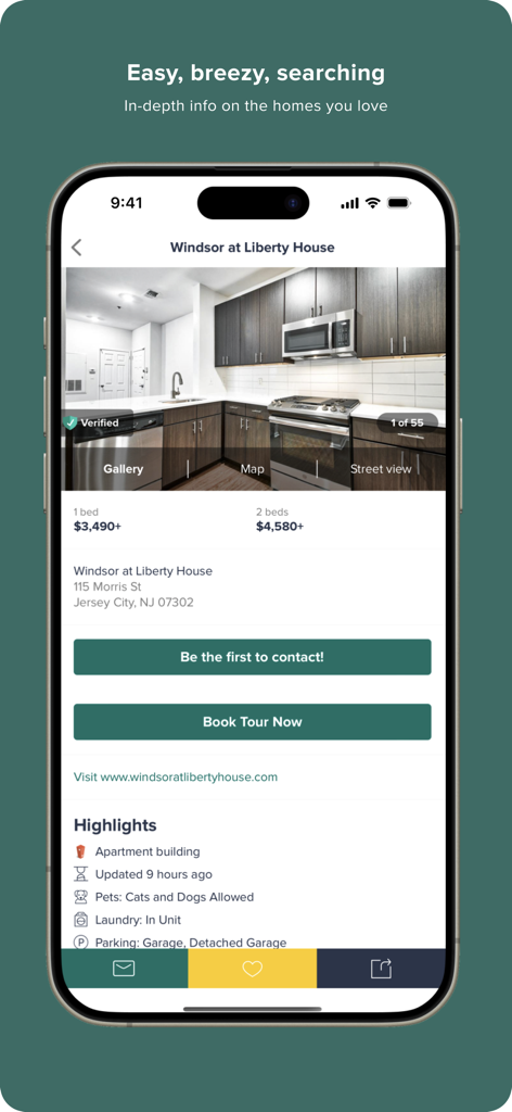 Detailed apartment rental listing on the HotPads app showing property photos and pricing information