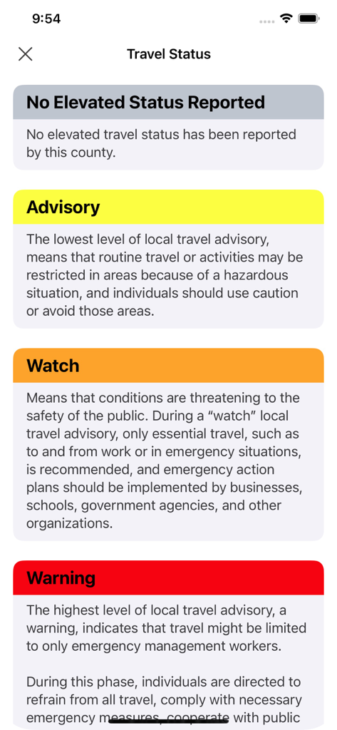 Travel Advisory - A screen from the Indiana Travel Advisory app explaining the four travel status levels: No Elevated Status, Advisory, Watch, and Warning.
