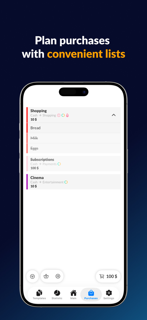 Smartphone-Bildschirm, der die Einkaufslistenfunktion der Finatics Finanz-App zur Planung von Einkäufen zeigt