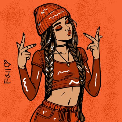 realistic teenage girl with braids and a beanie and crop top doing 🫶🏼