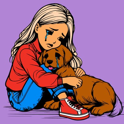 realistic girl crying with a realistic dog laying on her lap