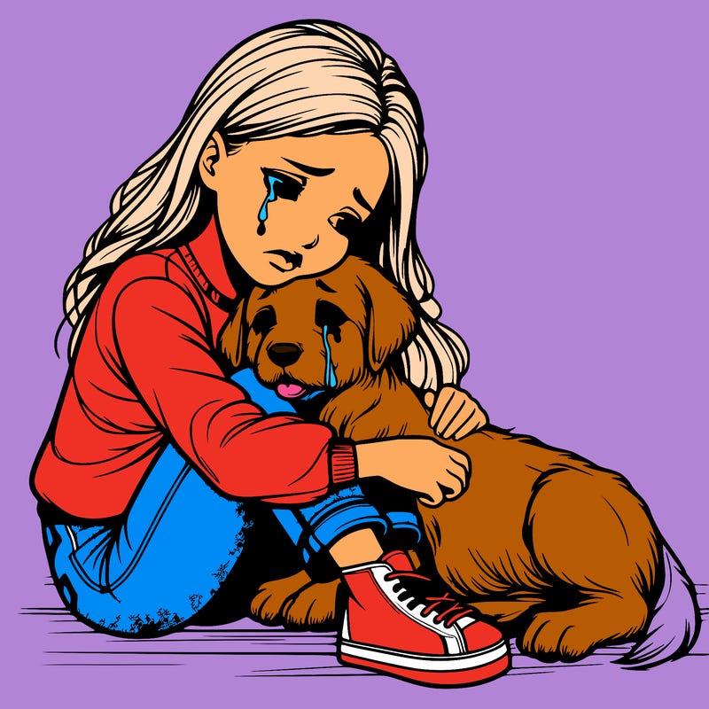 realistic girl crying with a realistic dog laying on her lap