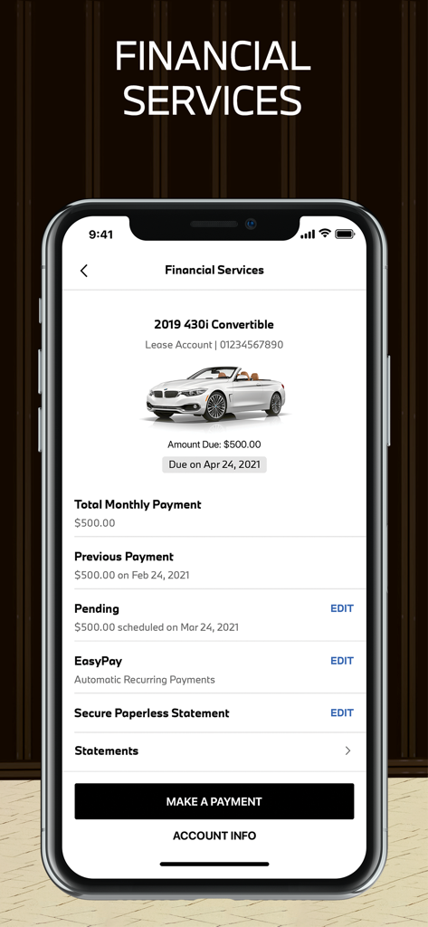 My BMW - Interfaccia dell'app My BMW per la gestione dei servizi finanziari del veicolo e dei pagamenti di leasing