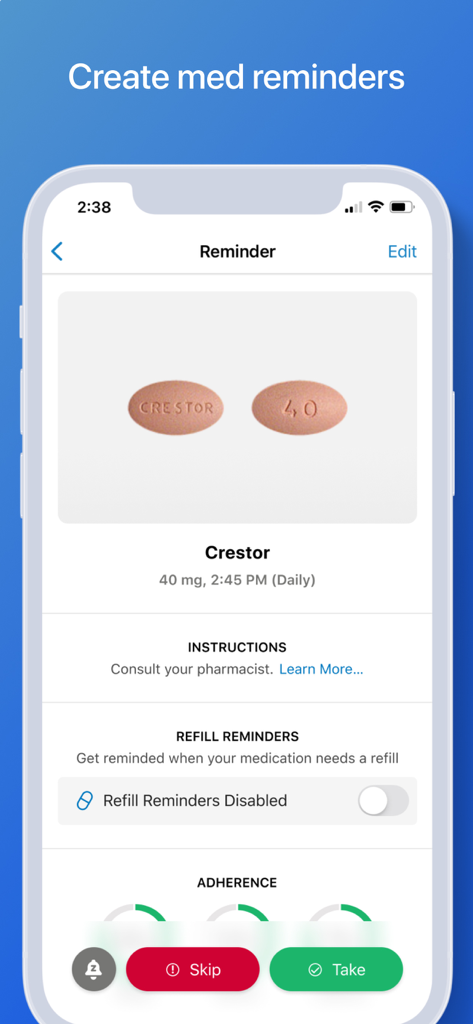 WebMD: Symptom Checker - WebMD app screen showing a daily medication reminder for Crestor with options to skip or take.