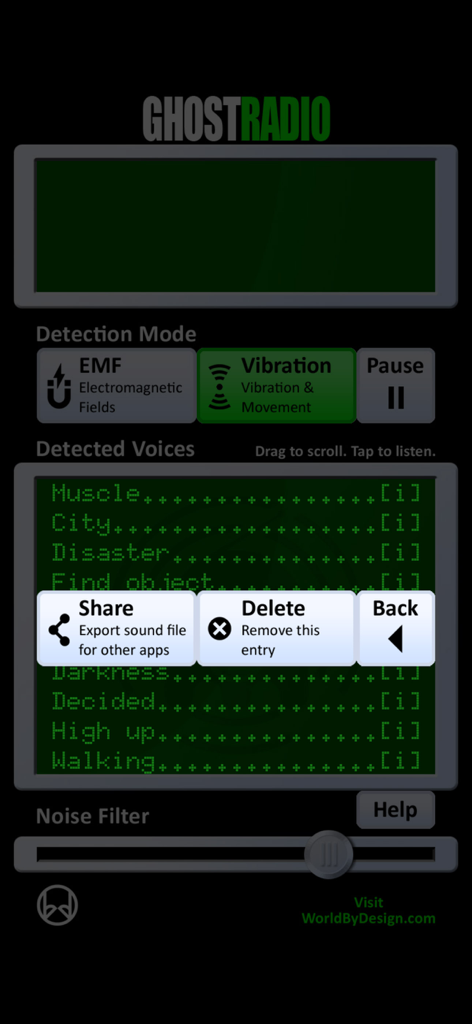 GhostRadio - Interfaccia dell'app GhostRadio che visualizza un elenco di parole rilevate con opzioni di condivisione ed eliminazione.