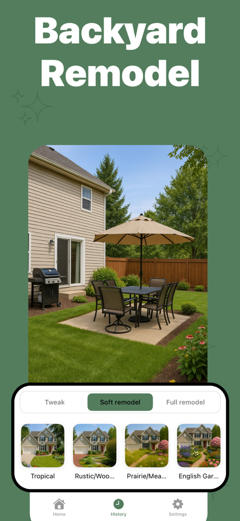AI Garden Design: Yardly - Interfaz de la aplicación de diseño de jardines con IA que muestra opciones de remodelación de patios traseros y estilos de paisajismo como jardín tropical e inglés