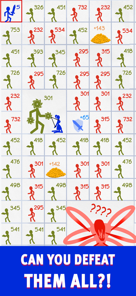 A strategic grid battle in Mighty Party featuring heroes and enemies with power ratings.