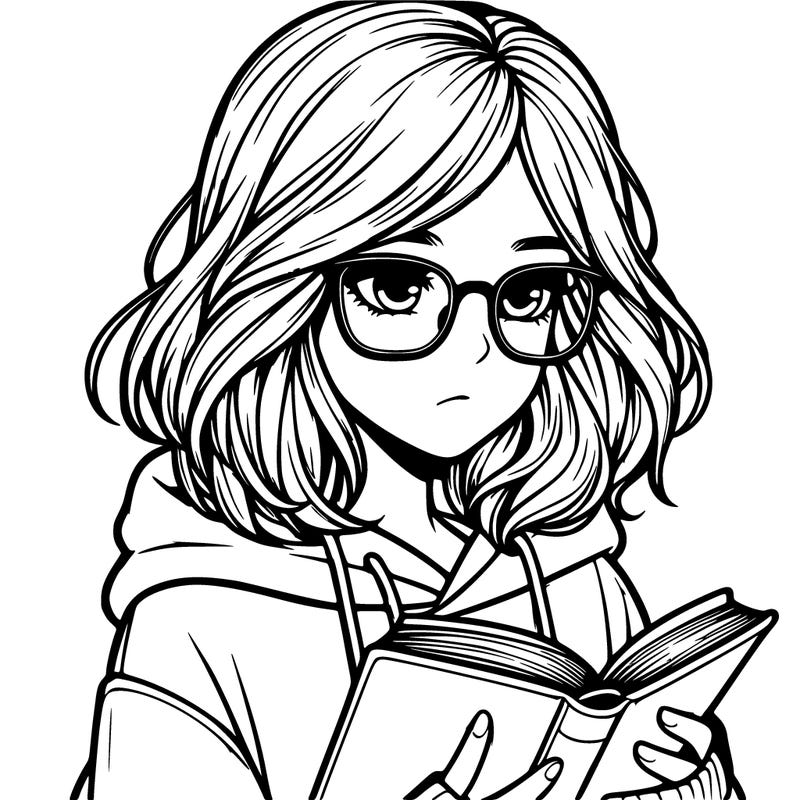 realistic girl with glasses wearing hoodie and reading