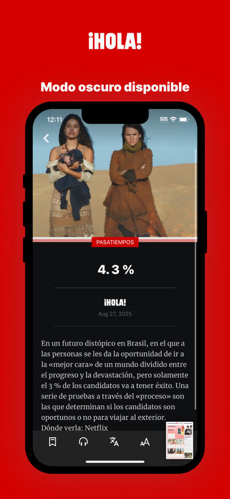 Smartphone screen displaying a digital magazine article in dark mode on the HOLA Spain app