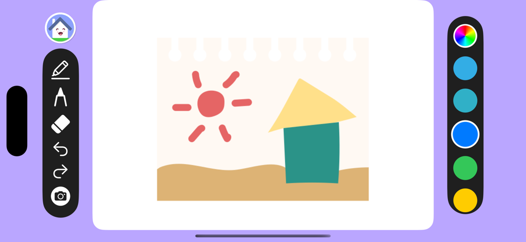 Kids coloring app interface showing a simple drawing of a house and sun