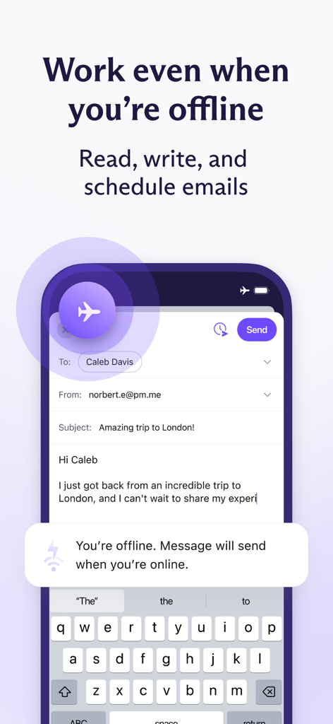 Proton Mail - Encrypted Email - Proton Mailインターフェース。オフラインでのメール作成とスケジューリング機能が表示されています。