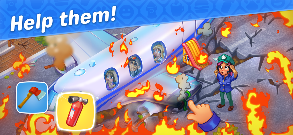 A rescue worker saving passengers from a burning airplane in Rescue Dash