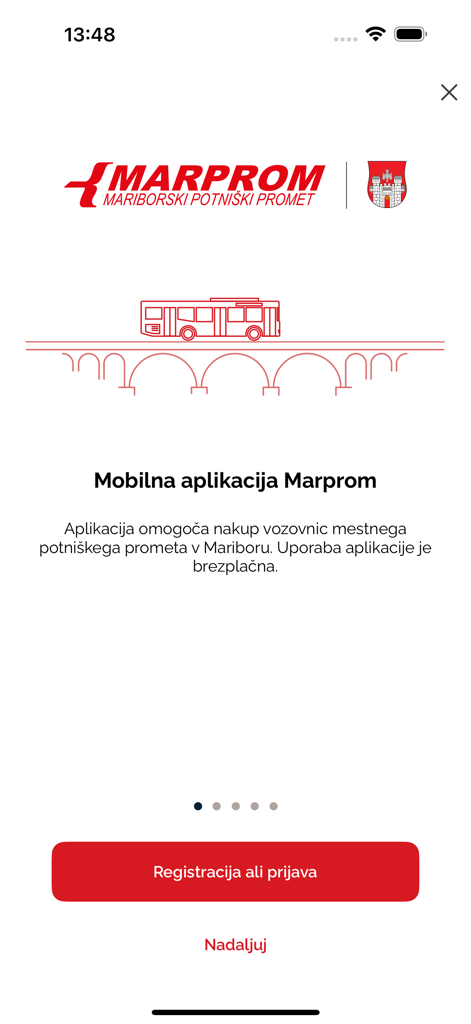 Marprom Shop - Pantalla de incorporación de la aplicación Marprom Shop que muestra el logotipo de la empresa y una ilustración de autobús sobre un puente