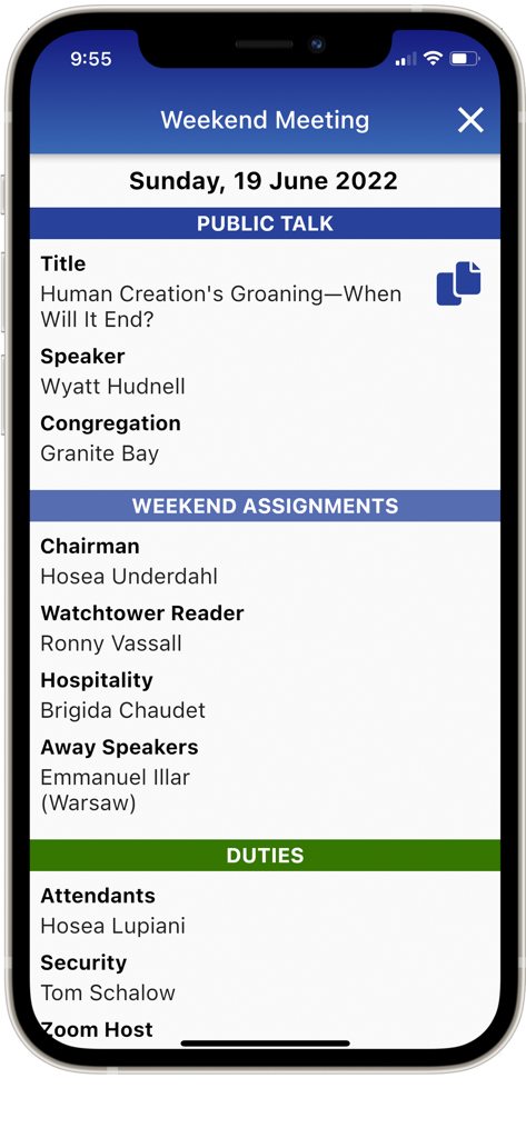 NW Publisher - NW Publisher app displaying weekend meeting schedule and assignments