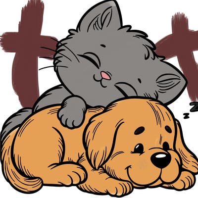 kitty sleeping on puppy