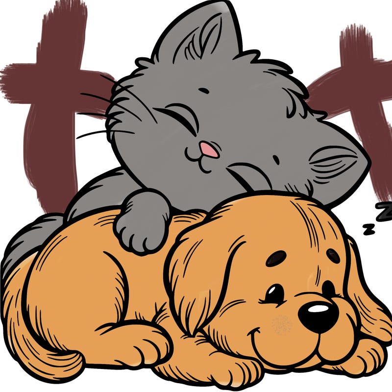 kitty sleeping on puppy