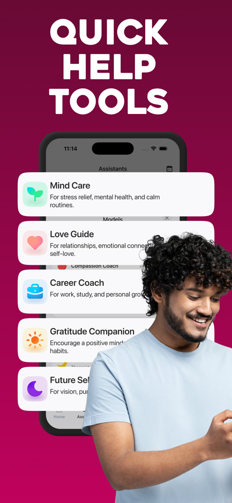 Breaking bad Habits: Quit Now - Screenshot of the Breaking Bad Habits app showing quick help tools and AI assistants for mental health and personal growth