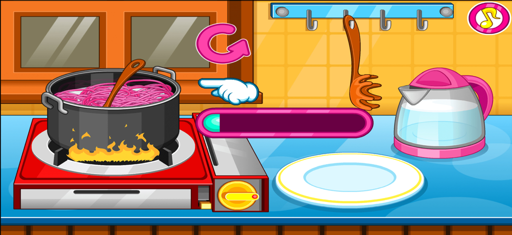 Cooking Games Baking Lasagna - A cartoon kitchen scene showing pink pasta boiling in a pot on a stove with a progress bar