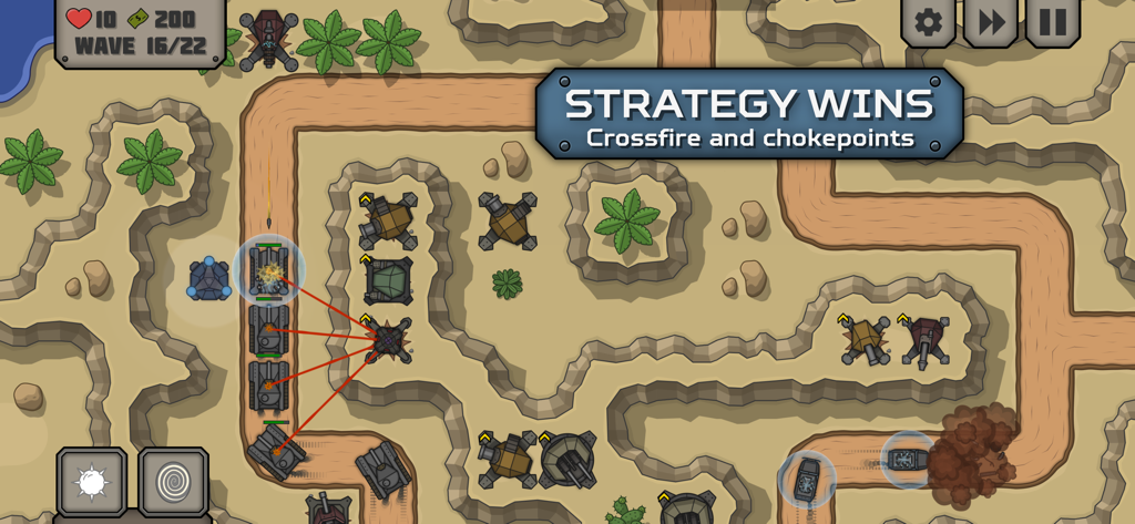 Tactical War 2: Tower Defense - Gameplay screenshot of Tactical War 2 showing towers defending against a tank column at a strategic chokepoint.