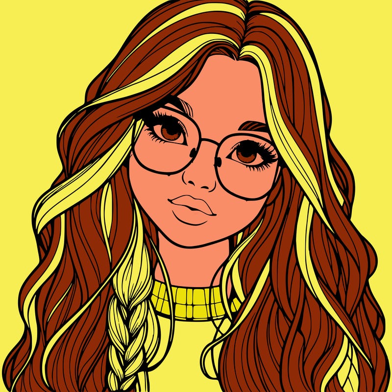 girl with long hair and freckles and glasses realistic