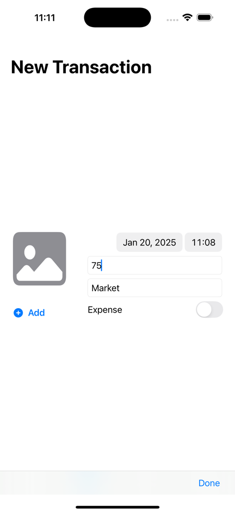Pantalla de nueva transacción en Budget Flow para la entrada manual de gastos e ingresos