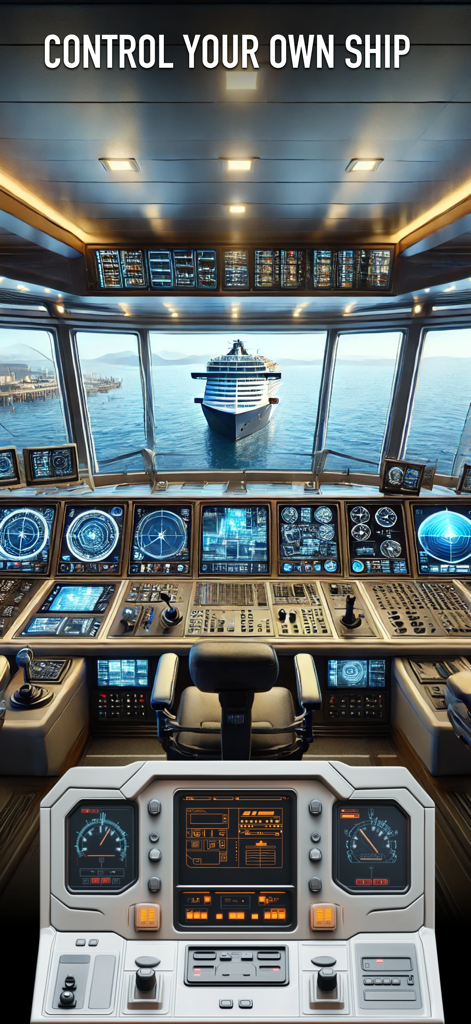 Cruise Tycoon: Simulator - Interior view of a cruise ship command bridge with digital control panels and ocean view