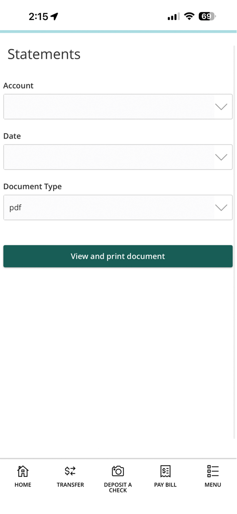 Cathay Bank - Cathay Bank mobile app statements screen with dropdown menus for account selection and document type