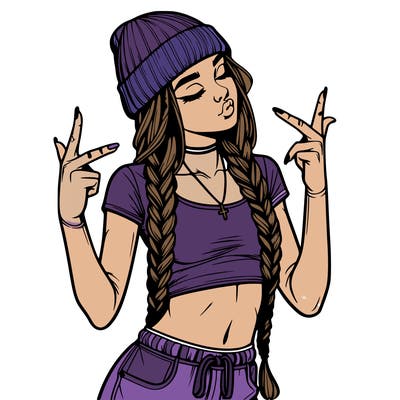 realistic teenage girl with braids and a beanie and crop top doing 🫶🏼