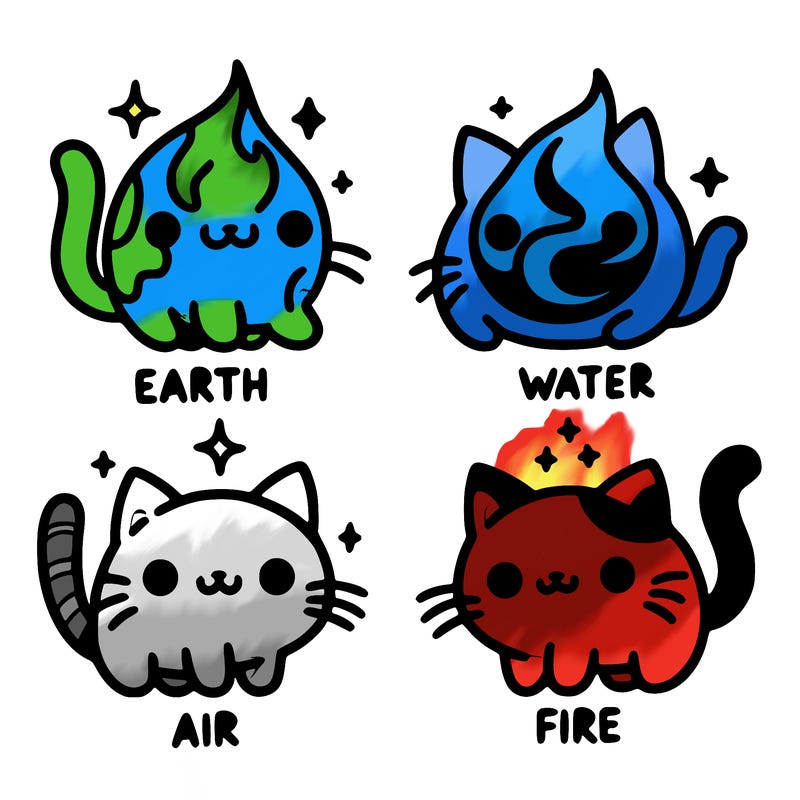 4 cats that represent the different elements, earth, water, air, and fire