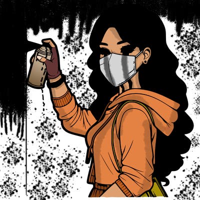 realistic girl with mask spray painting a wall