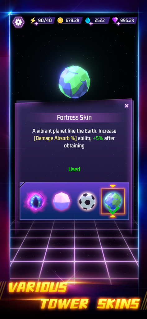 Space Tower - Galaxy Tower TD - A selection menu for various tower skins in the Space Tower mobile game showing a planet skin.