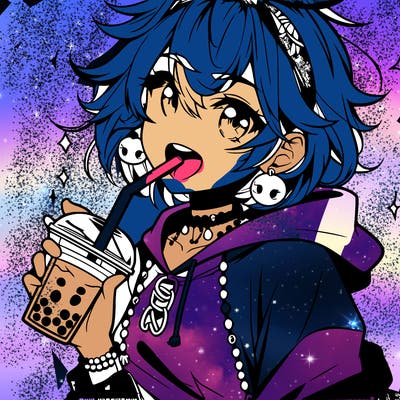 hot baddie anime girl drinking boba and biting the straw