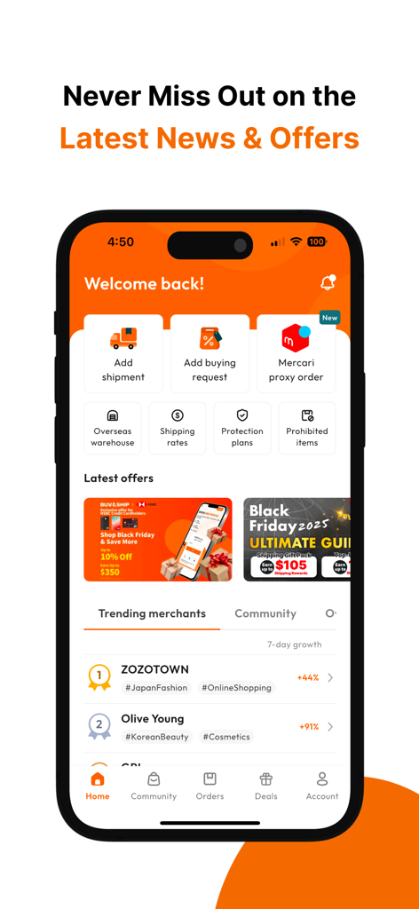 Buy&Ship - Buy and Ship mobile app interface displaying latest offers and trending international merchants.