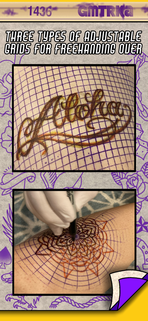 Stencils de cuadrícula ajustables sobre la piel para diseño de tatuajes a mano alzada