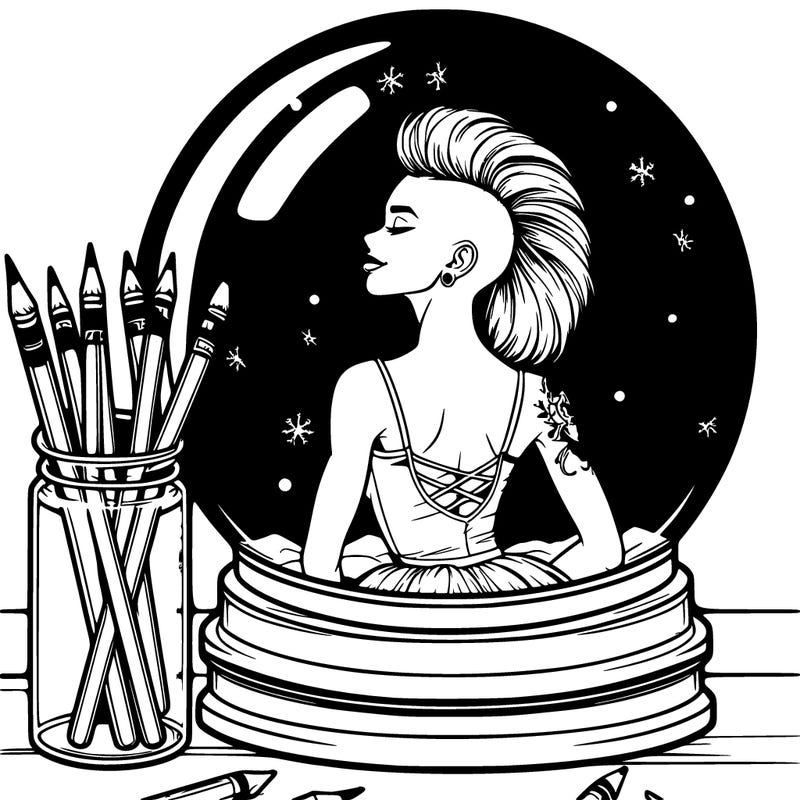 realistic female ballerina with a mohawk in a snow globe