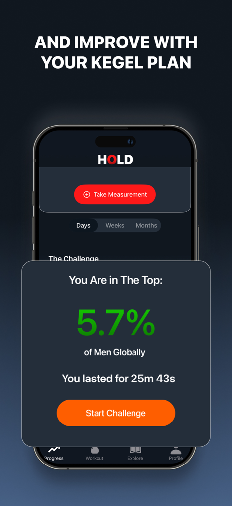 HOLD: Last Longer Kegels - HOLD app interface showing a performance ranking of the top 5.7 percent of men globally and a stamina measurement record.