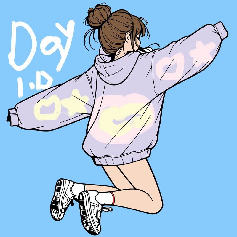 realistic girl jumping with a bun and oversized sweatshirt