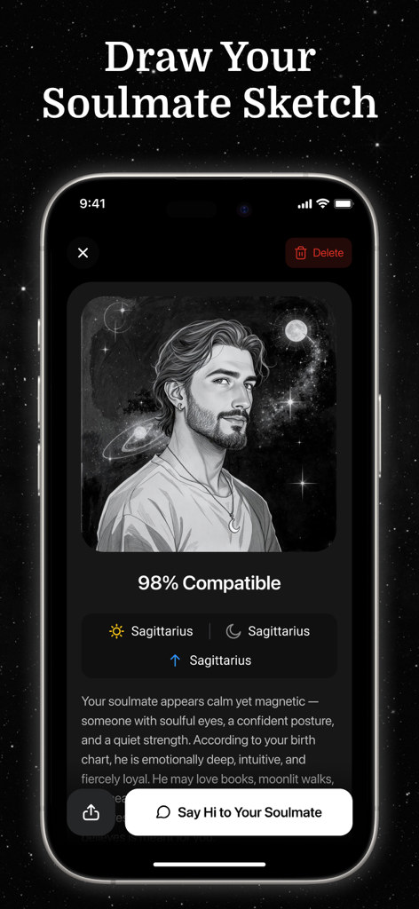 Luna AI - Soulmate Drawing - Luna AI app interface showing a generated soulmate sketch with a compatibility score and astrological signs