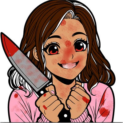a realistic girl holding a knife and grinning