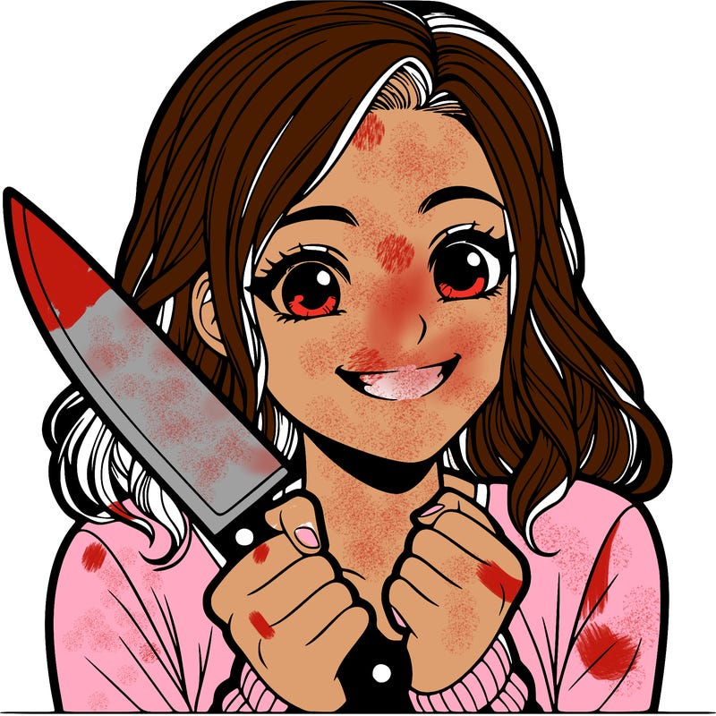 a realistic girl holding a knife and grinning